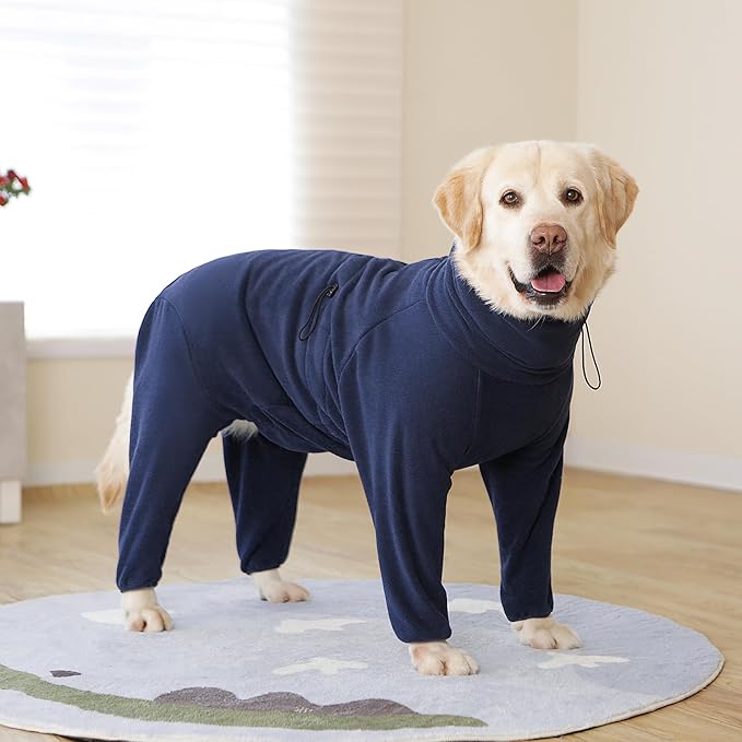Dog Winter Coat for Large Medium Small Dogs, Warm Fleece High Collar Full Body Dog Jumpsuit Comfortable Onesie Apparel (Dark Blue, X-Large)
