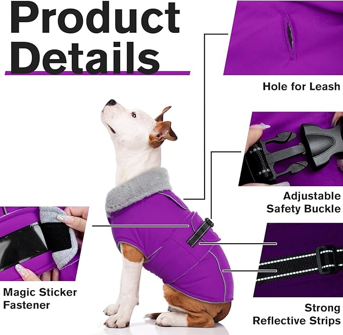 Lelepet Warm Dog Winter Coats for Large Dogs Waterproof Dog Jacket Reflective Pet Fleece Vest Windproof Cold Weather Coats with Adjustable Buckle & Leash Hole, Purple, XL