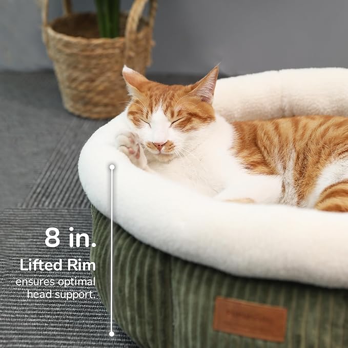 FUKUMARU Cat Bed, Corduroy Round Cat Beds for Indoor Cats, Washable Fluffy Pet Bed for Cats and Puppy, Soft Cute Small Dog Beds, Green