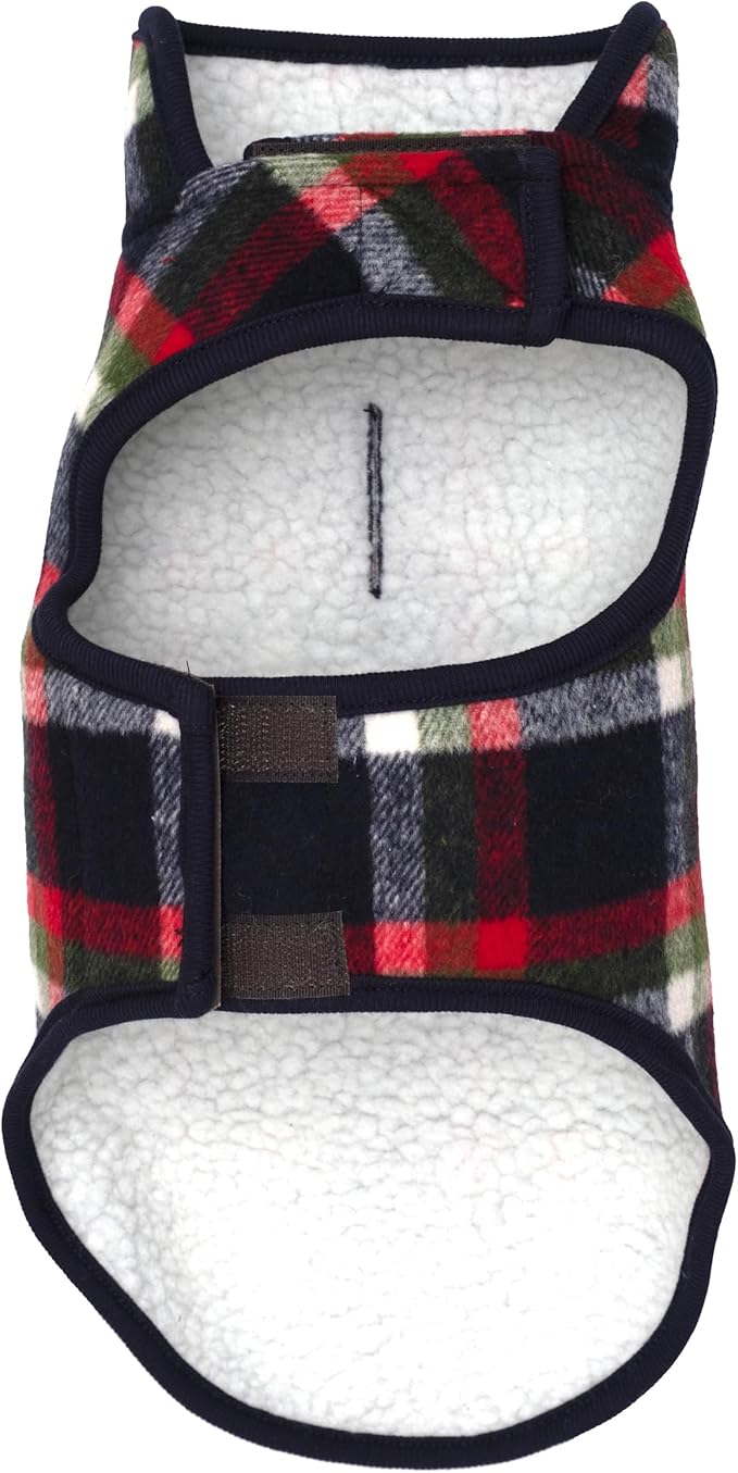 THE WORTHY DOG Alpine Plaid Dog Jacket – Wind-Resistant Winter Coat with Cozy Faux Shearling Lining, Adjustable Fit & Harness Hole – Machine Washable – Navy, Size 28