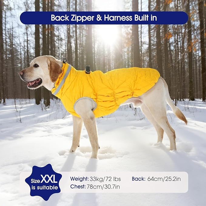 FUAMEY Dog Coat for Small Dogs,Waterproof Dog Winter Jacket with Harness Built in Puppy Cold Weather Coats Reflective Pet Vest with Zipper Warm Fleece Dogs Snowsuit Windproof Yellow S