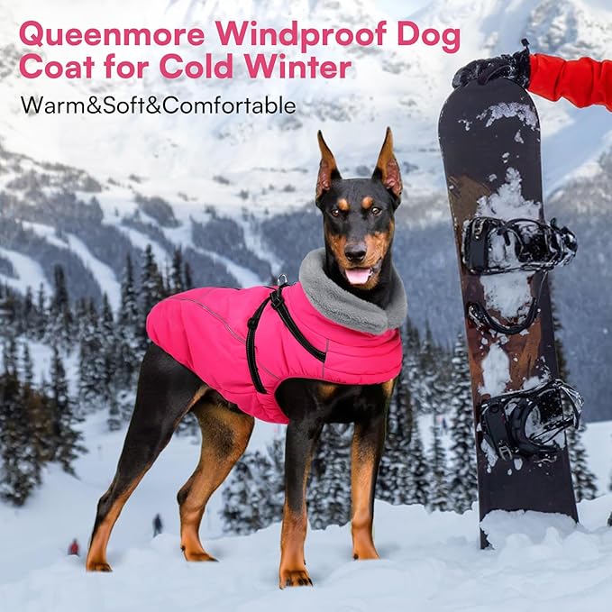 Queenmore Large Dog Jackets,Dog Coats for Extra Large Dogs with Harness Built in,Reflective Waterproof Dogs Jackets with Fleece Lining,Warm Snowsuit Pet Coats for German Shepherd,Rosered,XXXL