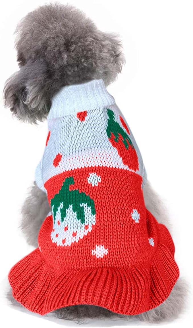 CHBORCHICEN Pet Dog Sweaters Classic Knitwear Turtleneck Winter Warm Puppy Clothing Cute Strawberry and Heart Doggie Sweater (XXS, Dress-Red1)