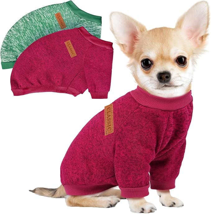 2 Pack Dog Sweaters for Small Dogs Girl Boy Winter Fleece Clothes Warm Soft Dog Sweatshirt Outfit for Dogs Cats Pet Apparel (Wine Red+Green, X-Large)