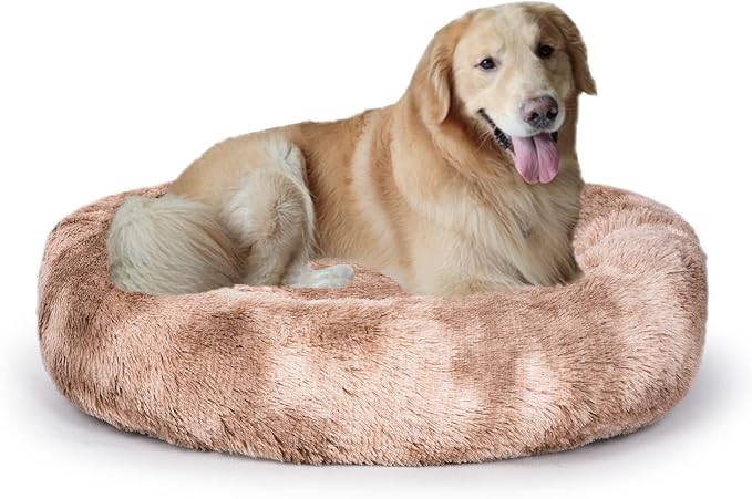 Coohom Oval Calming Donut Cuddler Dog Bed,Shag Faux Fur Cat Bed Washable Round Pillow Pet Bed(30"/36") for Small Medium Dogs (XXL(43"x34"x8"), Beige2021)