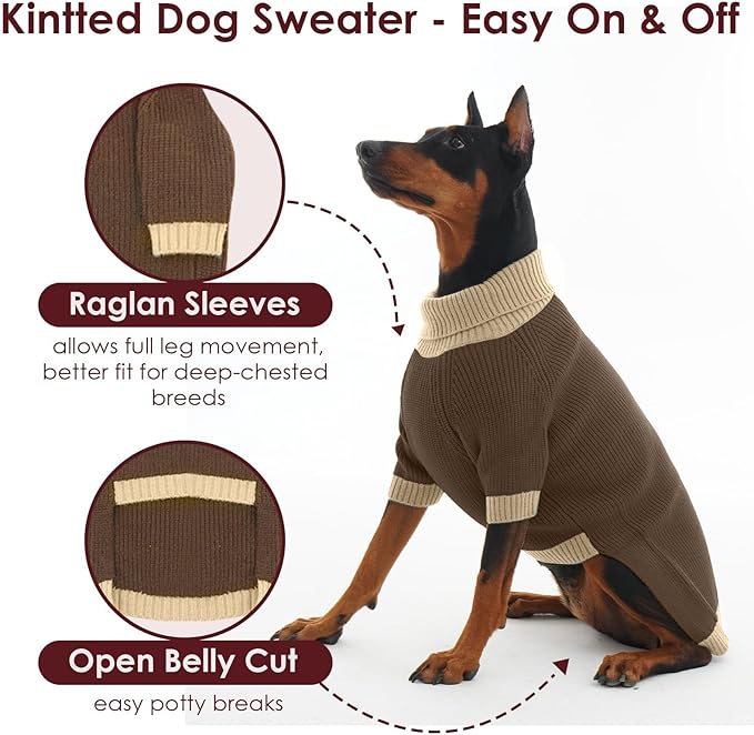 XXL Dog Sweater, Leash Hole & Turtleneck Knit Sweater, Warm Winter Sweaters for Large Dogs Girl Boy, Thick Christmas Pet Sweaters for Pitbulls Boxer Labrador, Brown 2XL
