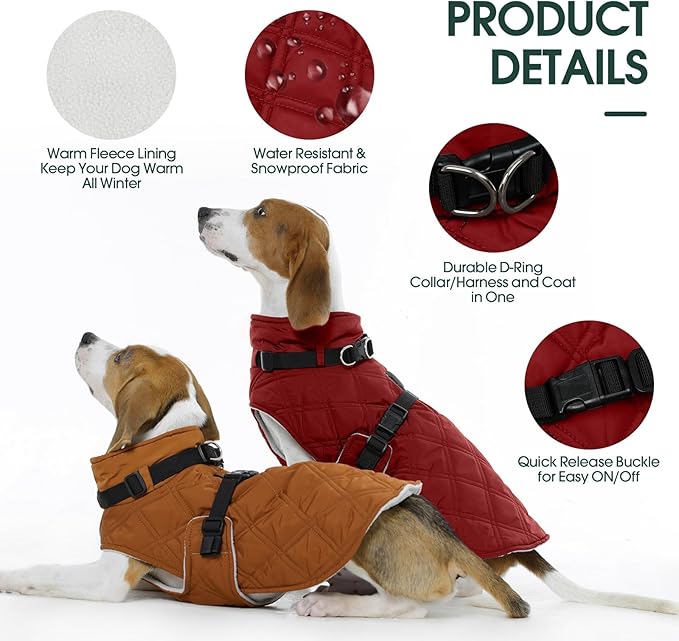 Kuoser Dog Coat Warm Fleece Lining Turtleneck Dog Jacket with Harness Built-in, Windproof Cold Weather Coats with Quick Release Buckle Pet Winter Snowsuit for Extra Large Dogs Great Dane, Red 3XL