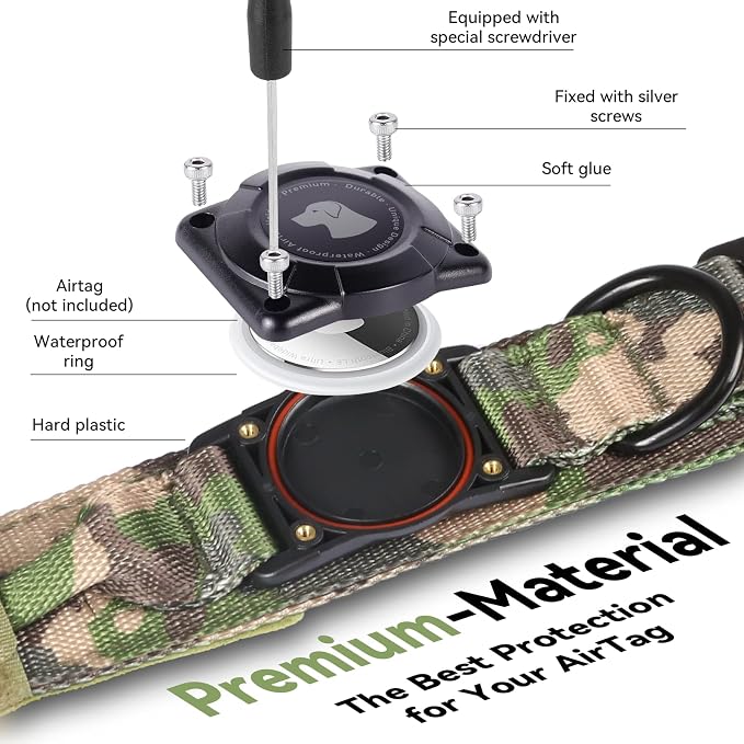 2026 Upgrade Waterproof Tactical AirTag Dog Collar, Built in AirTag Holder | Comfortable Control Handle, Quick Release Metal Buckle, Durable 1000D Nylon, For Medium to Large Dogs, Camouflage, L