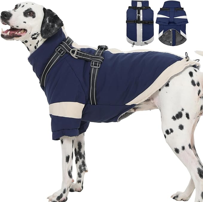 XL Winter Coat for Medium Dogs,Reflective Harness Built in | Turtleneck Dog Snowsuit with Sleeves for Snow Day Keep Warm,Outdoor Activities Water-Repellent & Windproof Jacket (Navy-Blue)