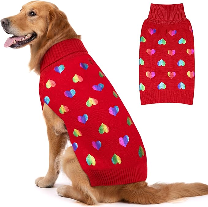 KYEESE Valentines Dog Sweater, Soft Turtleneck Large Dog Sweater with Heart Sequined Printing, Warm Pullover Dogs Sweaters for Large Dogs, Stretchy Pet Clothes Coat with Leash Hole, 3XL