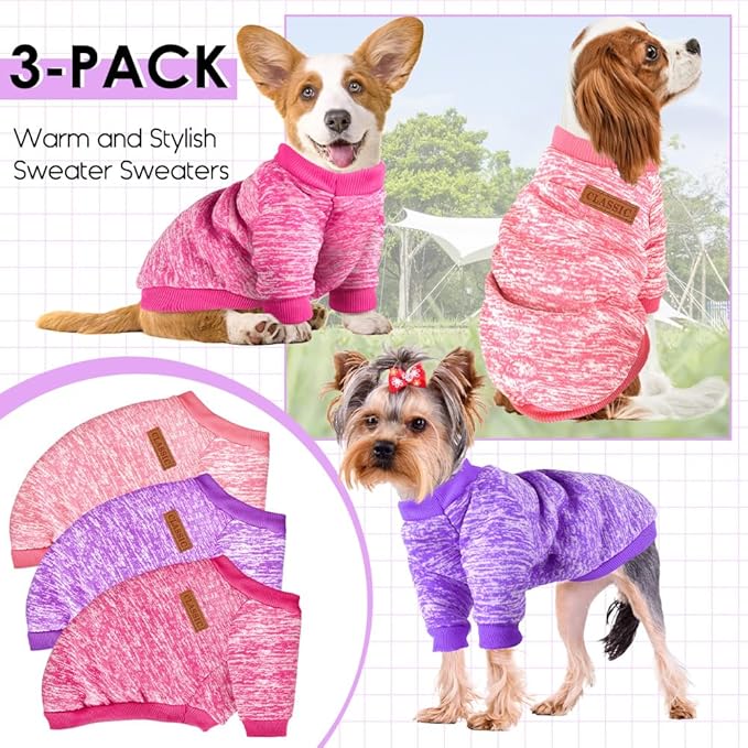 3 Pack Dog Sweaters for Small Dogs Girl Boy Winter Fleece Clothes Warm Soft Dog Sweatshirt Outfit for Dogs Cats Pet Apparel (Pink+Rose+Purple, Large)