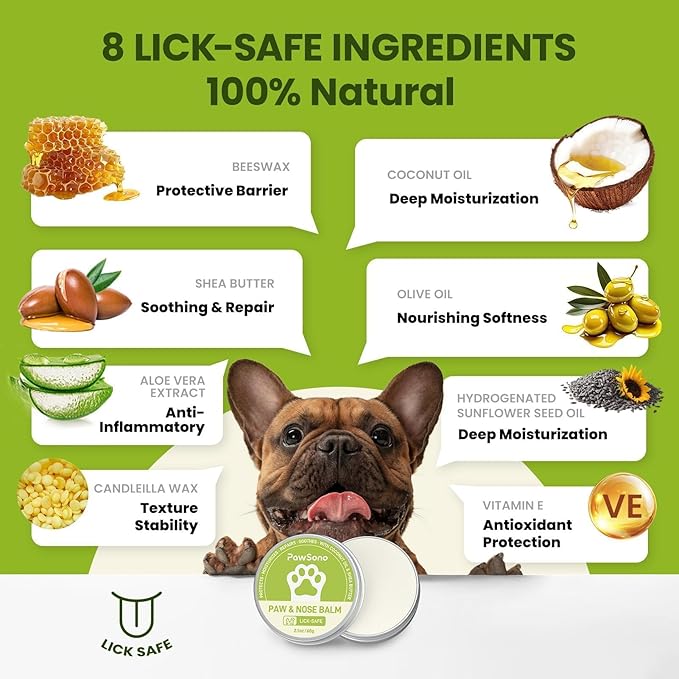 (2.1 oz*2) Lick-Safe Dog Paw & Nose Balm with Coconut Oil | Winter Road Salt & Cold Pavement Protector | All-Natural Moisturizer & Soother for Dry, Cracked Pads & Snout, Nose Butter for Bulldogs