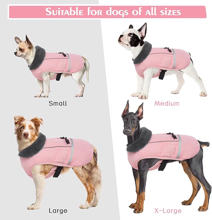 QBLEEV Warm Dog Coat Reflective Dog Jacket, Waterproof Dog Winter Coat Turtleneck Dog Clothes for Cold Weather, Thick Fleece Dog Snowsuit Christmas Dog Vest Pet Apparel for Small Medium Large Dogs L