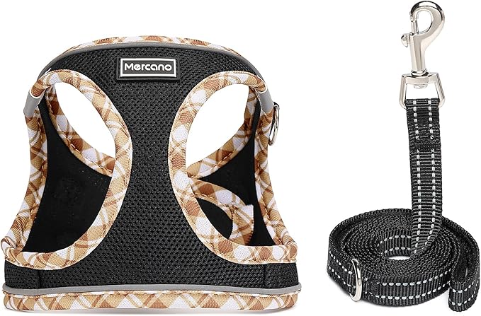 Mercano Soft Mesh Dog Harness and Leash Set, No-Chock Step-in Reflective Breathable Lightweight Easy Walk Vest Harnesses with Safety Buckle for Small Dogs, Cats (Black Yellow, XL)
