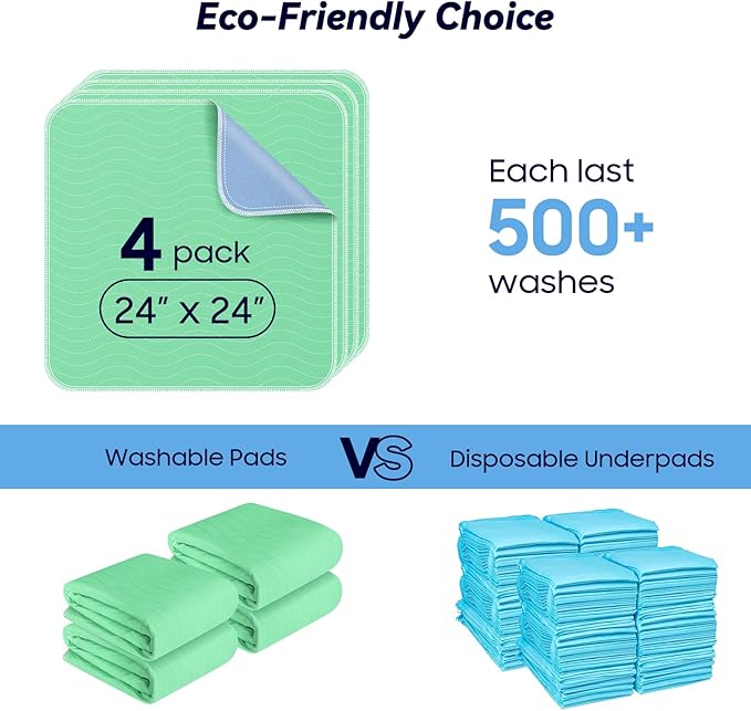 4 Pack 24” x 24” Extra Heavy Absorbency Washable Underpads, Waterproof Nursing Pads Incontinence Bed Pads, Reusable Washable Pee Pads for Dogs, Diaper Changing & Adults, Washable Puppy Pads