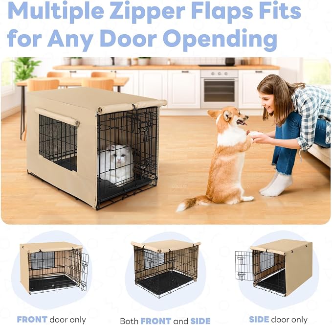 Seiyierr Dog Crate Cover - Kennel Cover Fit for 30 Inch, Double Door Polyester Crate Cover for Wire Dog Crate Indoor Outdoor Protection, Light Tan