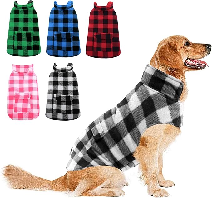 ASENKU Dog Winter Coat, Fleece Doggie Jacket Plaid Reversible Vest Waterproof Windproof Cold Weather Clothes for Small Medium Large Dogs (White, XL)