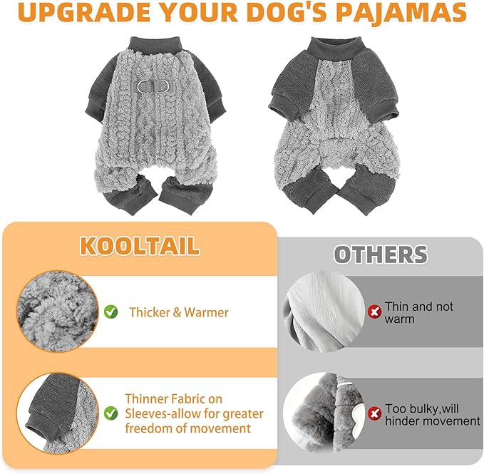KOOLTAIL Small Dog Pajamas - Fleece Dog Sweater with Leash D-Ring, Warm Winter Cold Weather Coats Puppy Cats Extra Small Dogs, Super Soft Stretchable Pet Jumpsuit Clothes for Boys Girls, Gery 2XS