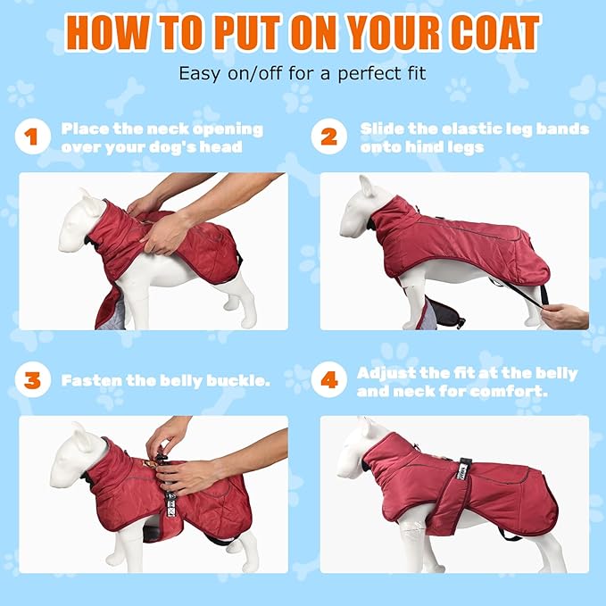DoggieKit Dog Winter Coat, Waterproof Warm Jacket with Harness Built in, Reflective Cold Weather Doggie Vest, Windproof Turtleneck Pet Snowsuit, Adjustable Puffer Jacket for Large Dogs, Red 5XL