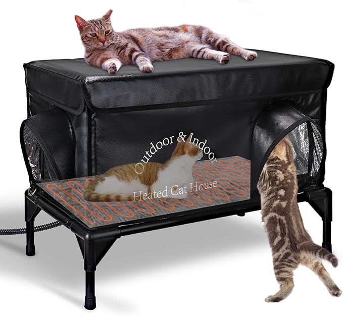 Yeatruojeet Heated Cat House for Outside Cat in Winter, Insulated Outdoor Feral Cat Shelter with Cat Heating Pad, 2 Doors,Elevated Waterproof Heated Kitty House (Black, 25"x13.7"x18")