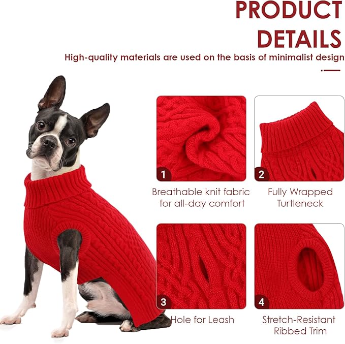 AOFITEE Christmas Dog Sweater, Medium Dog Sweater Girl Boy, Soft Turtleneck Pet Pullover for Winter, Red Dogs Sweaters Dog Knitwear for Jack Russell, Mini Dachshund, Boston Terrier, Schnauzer, Red M