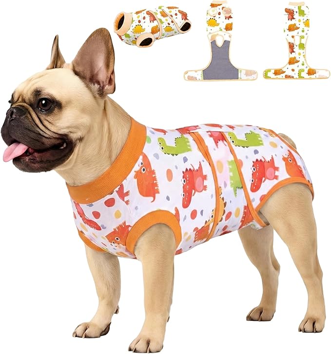 PetWarm Spay Recovery Female Dog, Onesies for Dogs, Professional Dog Recovery Shirt Abdominal Wounds Bandages Substitute E-Collar and Cone, Dinosaur Pattern, Yellow, XS