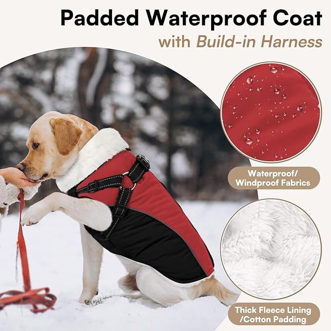 Queenmore Large Dog Coat - Winter Jacket with Harness Built-in for Large Dogs, Cold Weather Waterproof High-Vis Outdoor Snowsuit Parka Jacket - Zipper, Easy On, Adjustable Red/Black, L