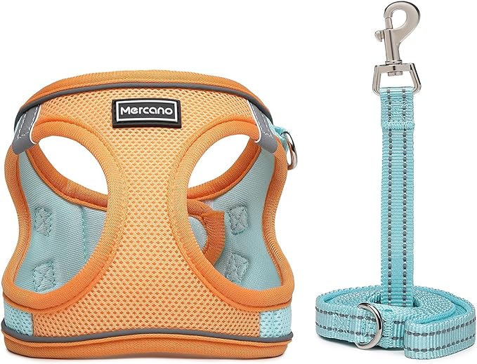 Mercano Soft Mesh Dog Harness and Leash Set, No-Chock Step-in Reflective Breathable Lightweight Easy Walk Vest Harnesses with Safety Buckle for Small Dogs, Cats (XL, Orange Blue)