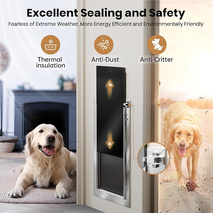 All Aluminum Dog Door, Rust Proof Heavy Duty Large Dog Door for Exterior Doors, Doggy Door with 2 Magnetic Flaps, Energy Efficient, Closing Panel, Pet Door for Pets Up to 110Lb | Rust Proof Heavy Duty Doggy Door for Exterior Doors, Doggie Door with 2 M...