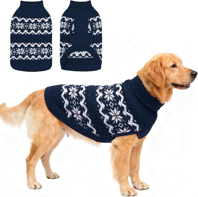 BEAUTYZOO Dog Christmas Sweater for Large Dogs Boy Girl,Thick Warm Winter Turtleneck Pullover Cable Knit Big Dog Sweaters Pitbull Labrador Golden Retriever Clothes Male Female Pet Jacket, Navy Blue XL