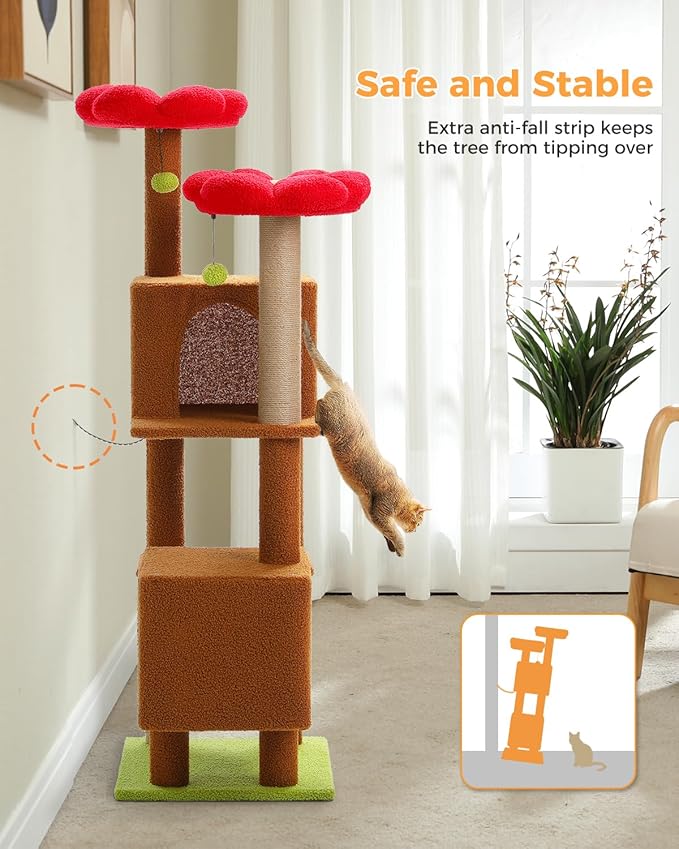 MUTTROS Cat Tree for Indoor Cats, 52.4" Tall Cat Tower with 2 Flower Perches, 2 Cozy Condos & 2 Sisal Scratching Posts - Multi-Level Kitty Climbing Furniture, Pet Playhouse for Adult Cats, Brown/Red