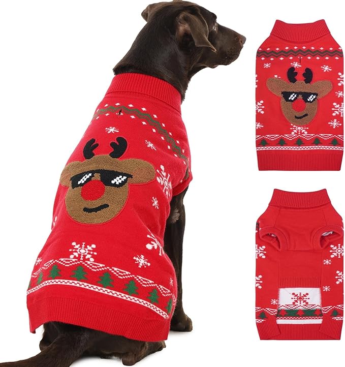 Christmas Dog Sweater XXL, Red Warm Knit Sweater with Leash Hole, Turtleneck Pet Sweaters for Large Dogs Male Female, Fall Winter Sweaters Holiday Reindeer Snowflake, 2XL