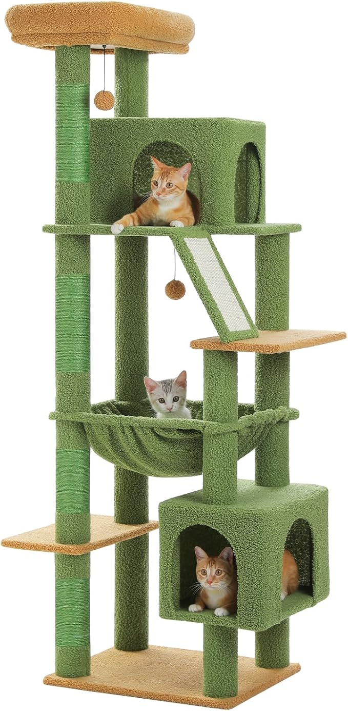 MUTTROS Cactus Tall Cat Tree 71" for Large Cat 20 lbs with Super Large Hammock, Heavy Duty Cat Tower with 4 Sisal Scratching Posts & 2 Spacious Condos for Big Adult Cats Maine Coon-Green