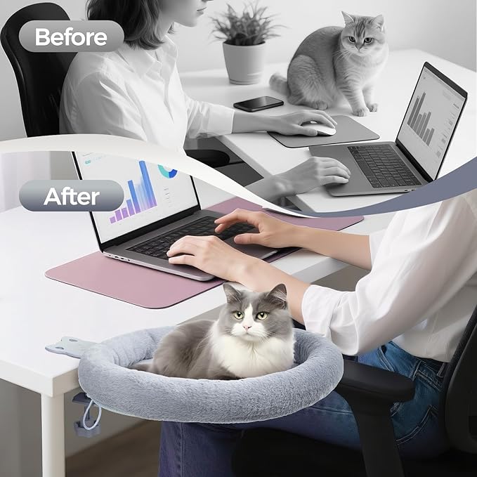 Rotating Cat Desk Bed for Remote Workers, Home Office Staff and Gamers ，Quality Soft Cat Bed, 360° Swivel, Removable Washable Cushion, Comfortable and Easy to Assemble, Supports up 40 lbs(Dark Gray