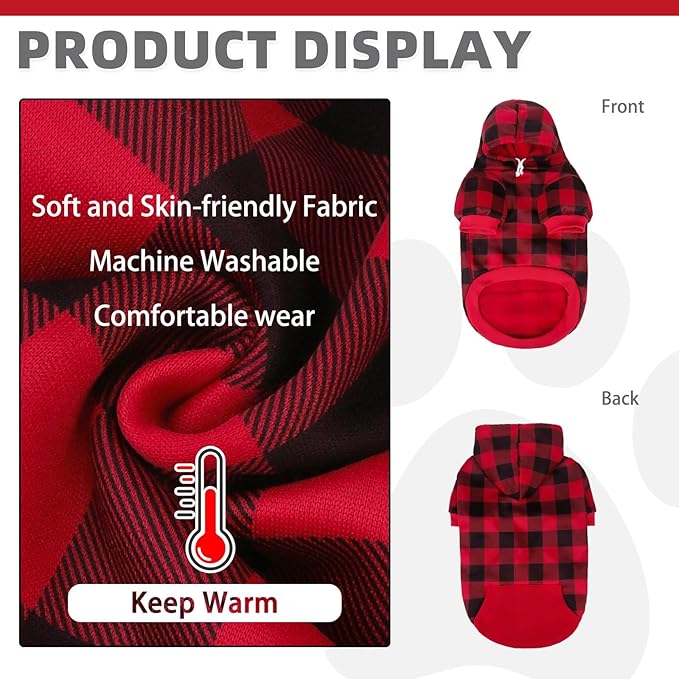 KOOLTAIL Dog Christmas Hoodie for Small Medium Large Dogs - Red Plaid Dog Christmas Outfit Sweater with Hat & Pocket for Cold Winter, Warm Soft Hooded Sweatshirt Clothes for Puppy Cats Girls Boys S