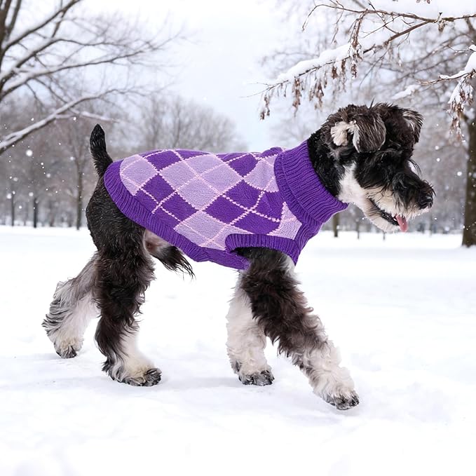 KOOLTAIL Small Dog Sweater, Knit Turtleneck Cold Weather Dog Sweaters for Medium Large Dogs,Soft Diamond Plaid Pullover Knitwear Pet Winter Warm Clothes,Pet Coat Puppy Sweater for Girls Boys,Purple M