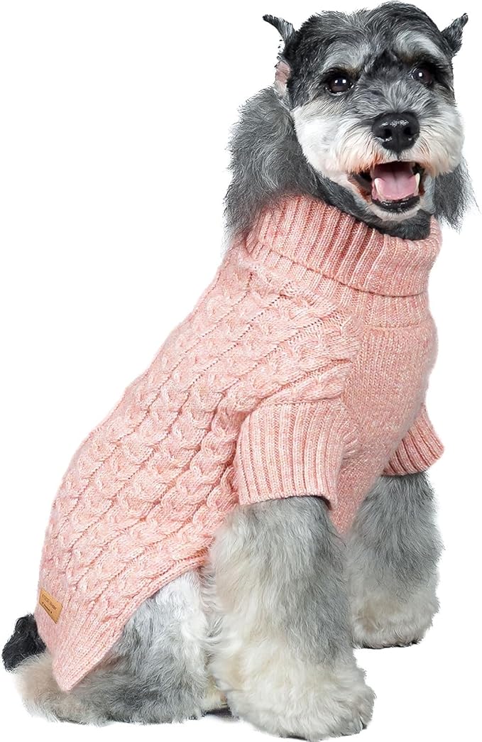KYEESE Dog Sweater for Small Dogs, Classic Cable Knit Pets Sweater for Small Pet Stretchy Dog Coats Turtleneck Pet Sweater with Long Sleeve Dogs Clothes for Cold Weather, Pink, Large