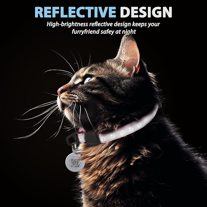 Breakaway Reflective Cat Collar with QR Name Tag & Bell (Pink)