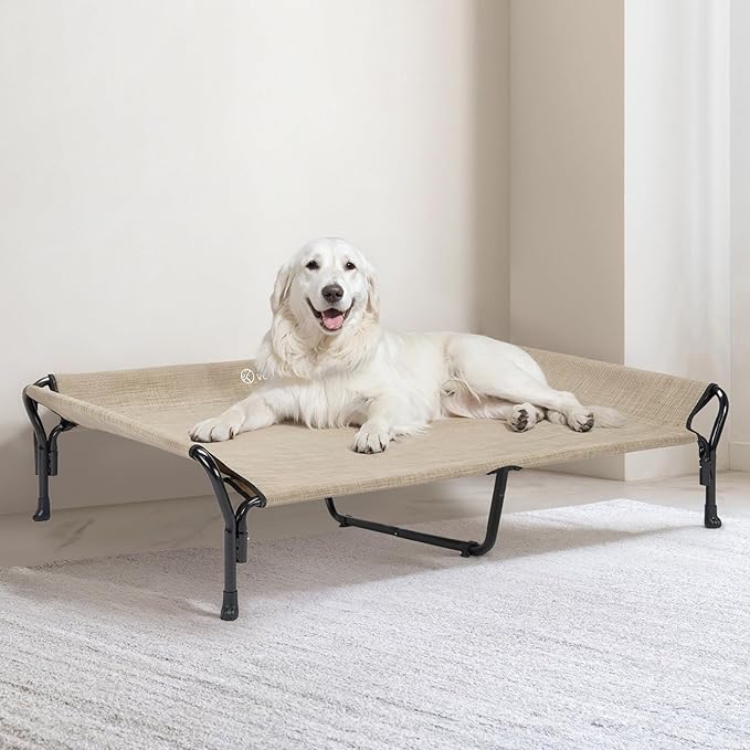 Veehoo Cooling Elevated Dog Bed, XL Raised Pet Cot with Guardrail & Slope Headrest, Durable Breathable Teslin Mesh, Non-Slip Feet, Washable Dog Couch Bed for Indoor & Outdoor, 50.5" x 33.5", Beige