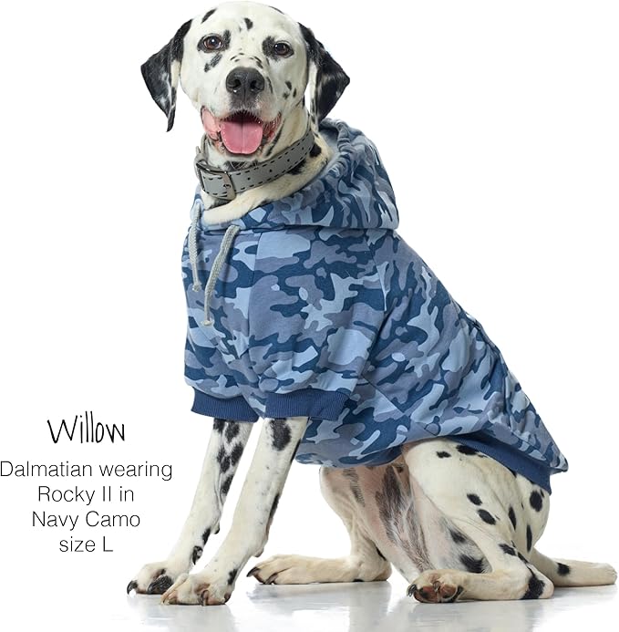 Rocky II - The Extra Comfy Hoodie, Organic Cotton and Recycled Poly Dog Hoodie Pet Coat Sweater for Small, Medium, Large Dogs, Navy Camo, X-Small