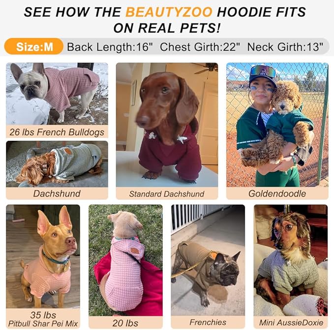 BEAUTYZOO Dog Hoodie with Leash Hole and Pocket,Dog Sweaters for Small Medium Large Dogs Boys Girls,Waffle-Like Laminated Cotton Warm Outfits for French Bulldogs, Pitbull, Winter Puppy Clothes Jacket