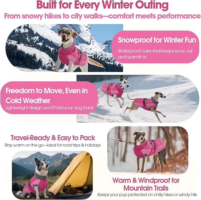 QBLEEV Warm Dog Jacket - Reflective, Adjustable Winter Coat with Turtleneck for Cold Weather, Waterproof Fleece Snowsuit for Small, Medium, Large Dogs