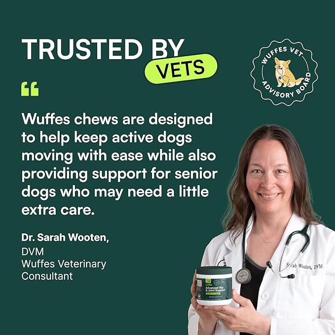 Wuffes Advanced Dog Hip and Joint Supplement with Glucosamine, Chondroitin, Omega 3, MSM, and Green Lipped Mussel, 60 Pork Flavored Chews for Small and Medium Dog Breeds