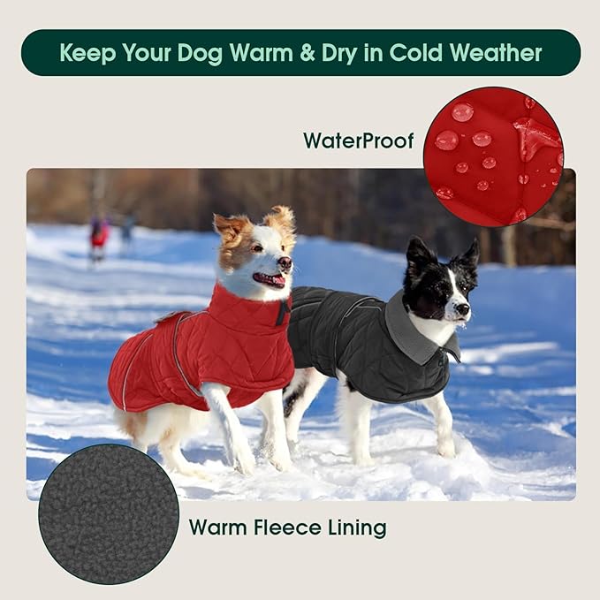 Kuoser Dog Coat Thermal Fleece Lined Dog Jacket, Adjustable Hook & Loop Dogs Coats for Medium Dogs Windproof Reflective Puppy Snow Jackets Pet Cold Weather Clothes with Harness Hole, Red, M