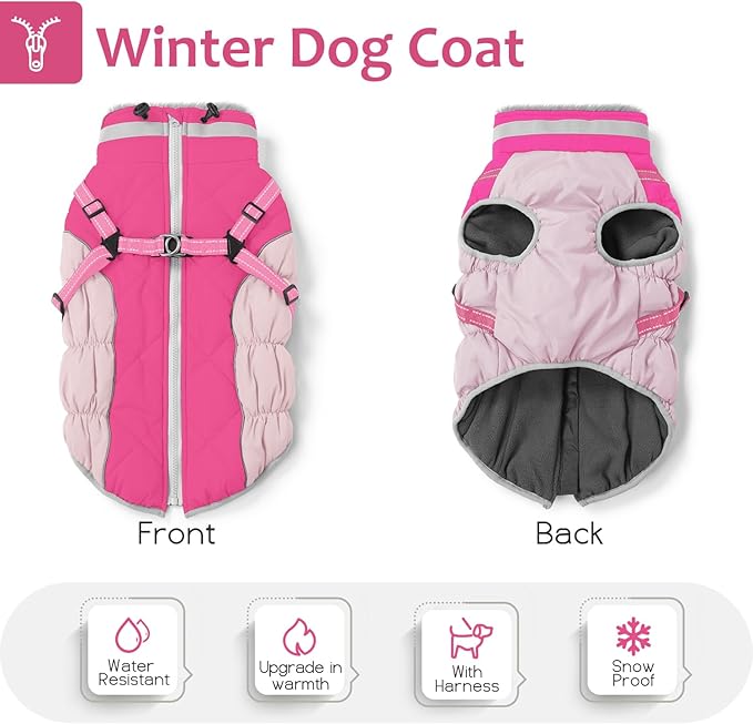 Dog Winter Coat with Harness, Dog Jacket, Pet Clothes with Zipper on Back, Waterproof Windproof Warm Vest, Reflective Cold Weather Coats, for Small Medium Large Dogs, Thick, Pink, 3XL