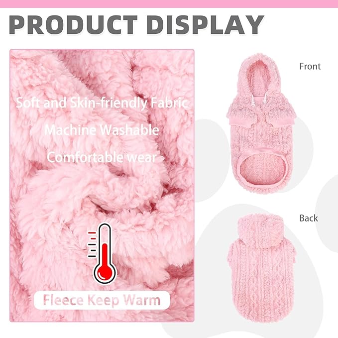 KOOLTAIL Fleece Dog Sweater Hoodie for Small Medium Large Dogs - Super Soft Fall Dog Clothes Hat Hooded Sweatshirt with Leash Hole, Warm Winter Cold Weather Pet Coat for Puppy Cats Girl Female Pink M
