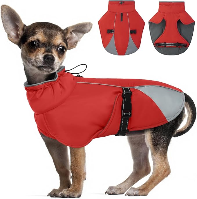 Dog Coat for Small to Large Dogs – Water Resistant Jacket with Soft Fleece Lining, Adjustable Fit and Reflective Trim Red S