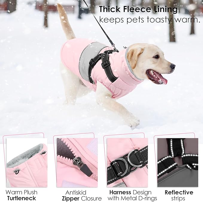 AOFITEE Dog Winter Coat, Dog Coat with Harness Built in, Dogs Jacket for Large Dogs, Reflective Waterproof Pet Puffer Jacket Snowsuit, Warm Fleece Windproof Pet Sweater for Cold Weather, XL