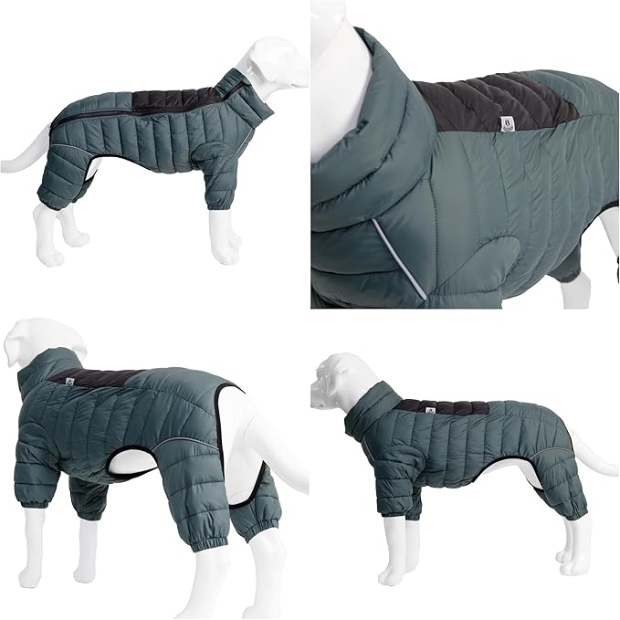 Lovelonglong Dog Coat, 4 Legs Covered Waterproof Windproof Reflective Warm Dog Vest, Zippered Adjustable ArmyGreen XL