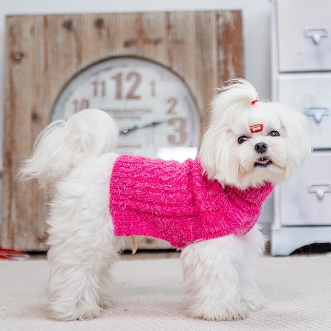 Turtleneck Small Dog Sweaters - Classic Cable Knitwear Winter Coat for Small Medium Dogs Male Female Puppy Dog Cold Weather Clothes Girls Boys, Hot Pink, XS